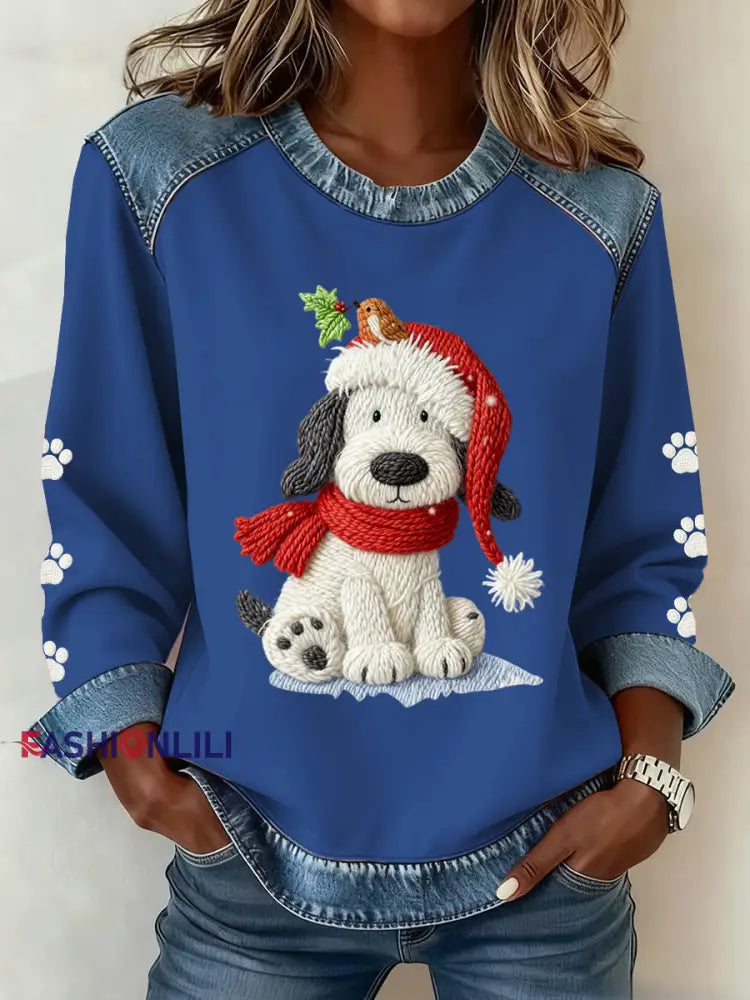 Women’s Christmas Pattern Patchwork Art Sweatshirt Blue / S