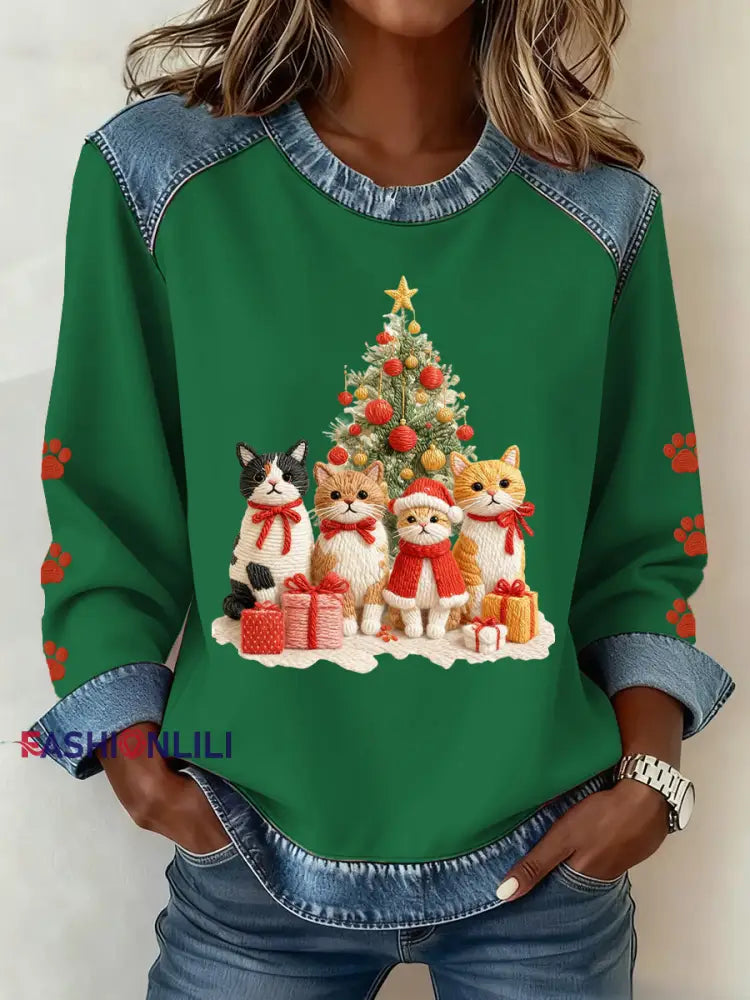 Women’s Christmas Pattern Patchwork Art Sweatshirt Green / S