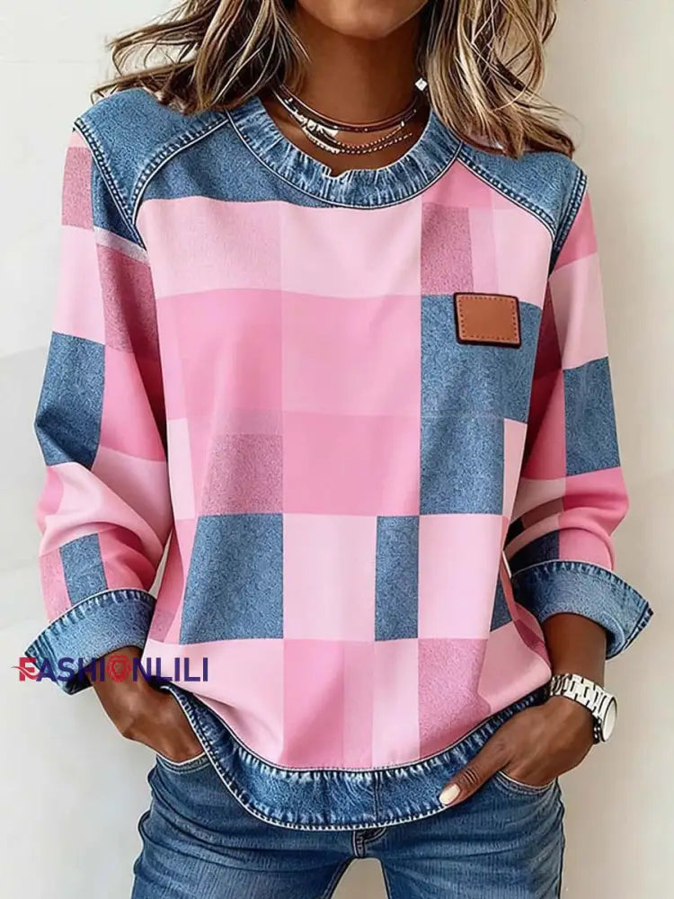 Women’s Contrast Color Plaid Pattern Patchwork Art Sweatshirt As picture / S