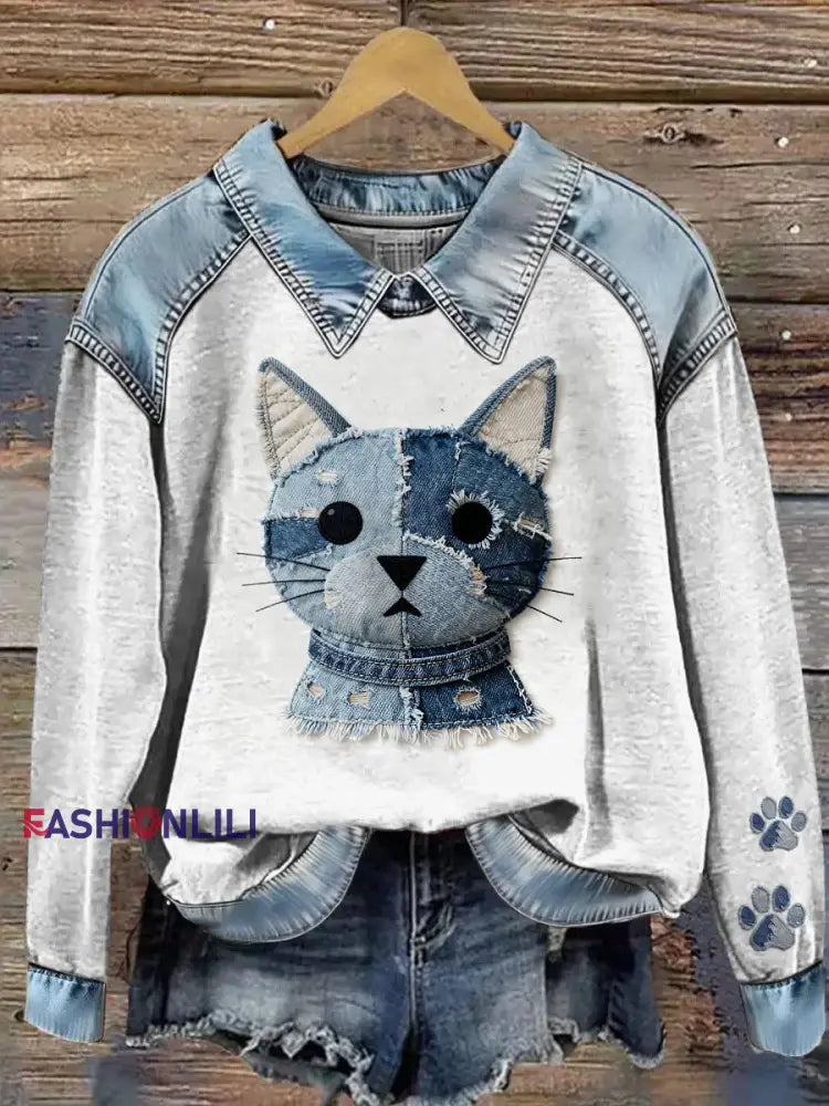 Women’s Cowboy Collage Animal Printed Denim Patchwork Lapel Long Sleeved Sweatshirt Light Gray / S