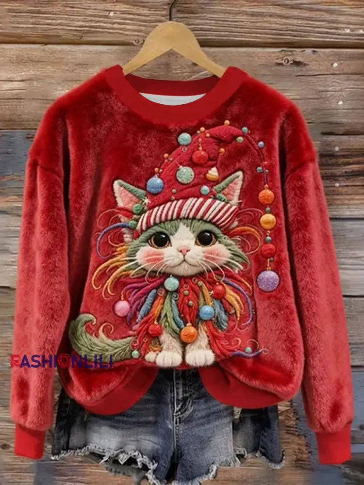 Women’s Cute Cat Christmas Lights Embroidered Cozy Plush Sweatshirt Red / S