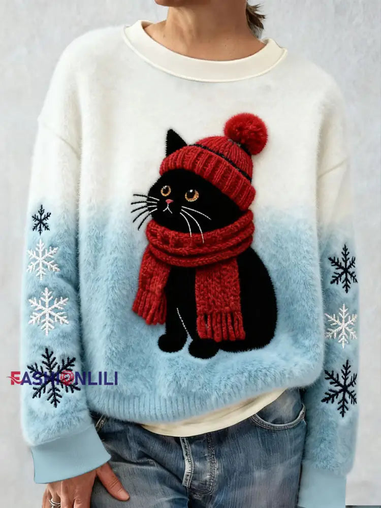 Women’s Cute Christmas Cat Art Print Casual Flannel Sweatshirt As picture / S