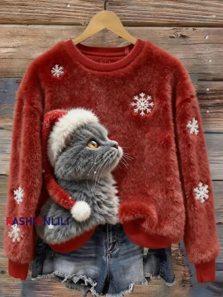 Women’s Cute Christmas Cat Art Print Casual Flannel Sweatshirt Red / S