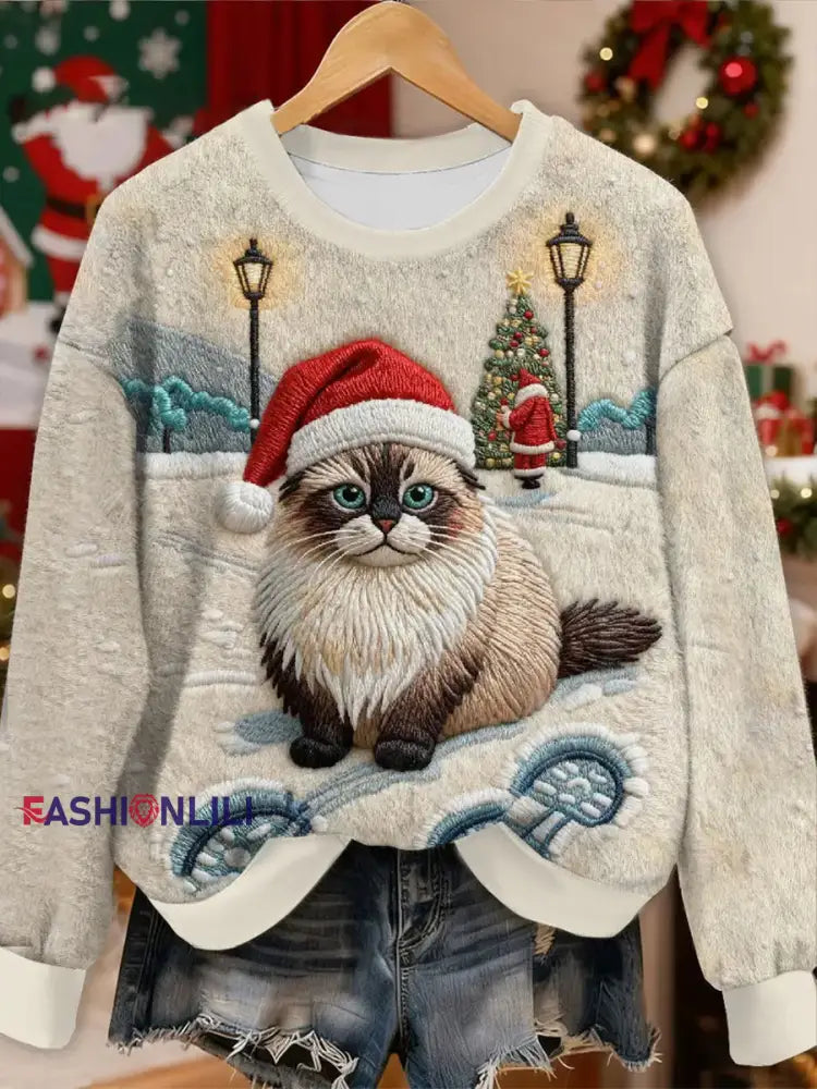 Women’s Cute Christmas Cat Flannel Hoodie As picture / S