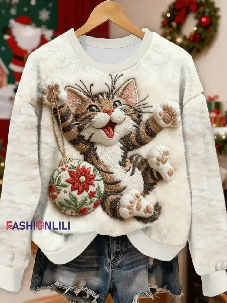 Women’s Cute Christmas Cat Flannel Hoodie White / S