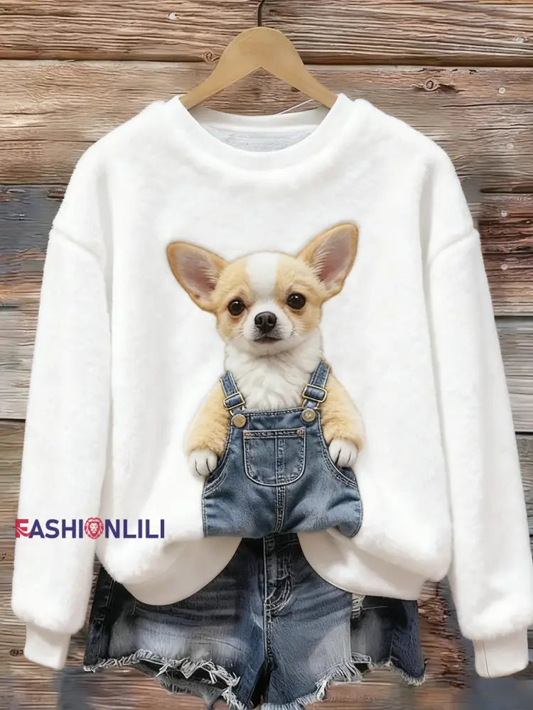 Women’s Cute Dog Flannel Hoodie White / S