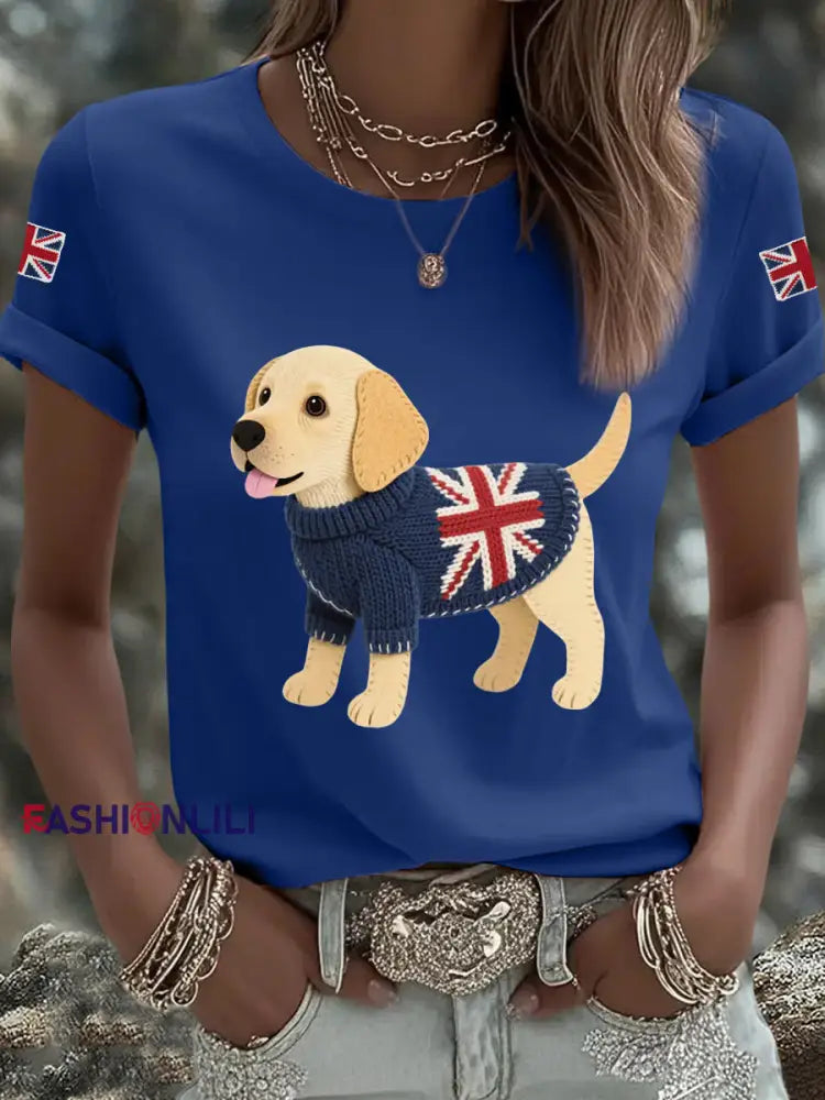 Women’s Cute Labrador Union Jack Print Casual Tee Navy Blue / S