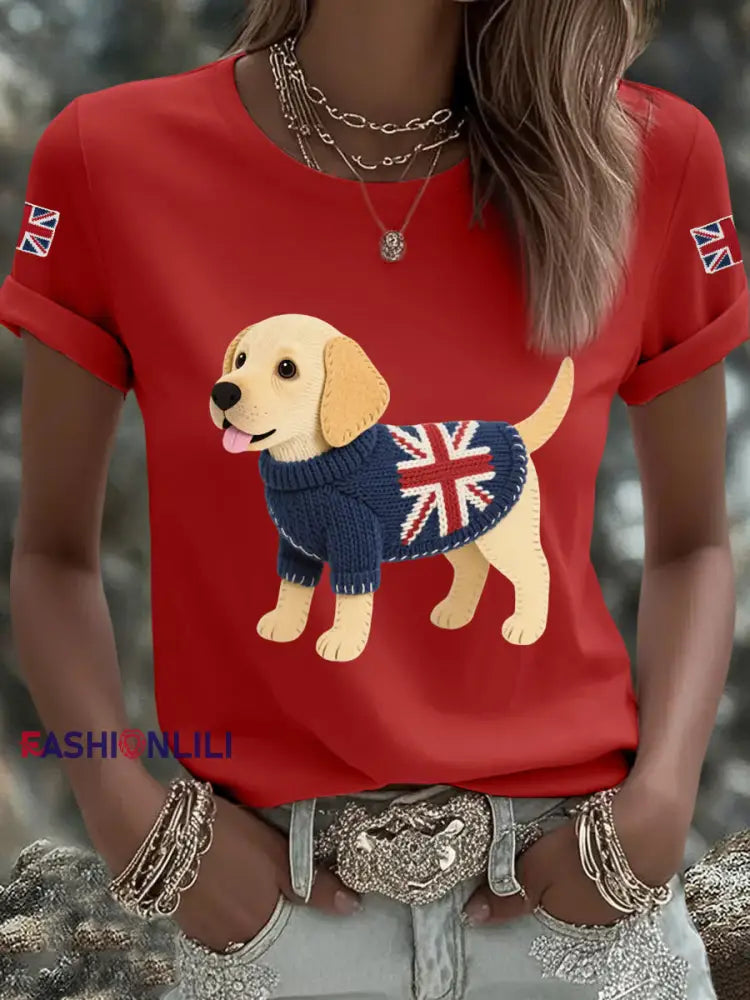 Women’s Cute Labrador Union Jack Print Casual Tee Red / S