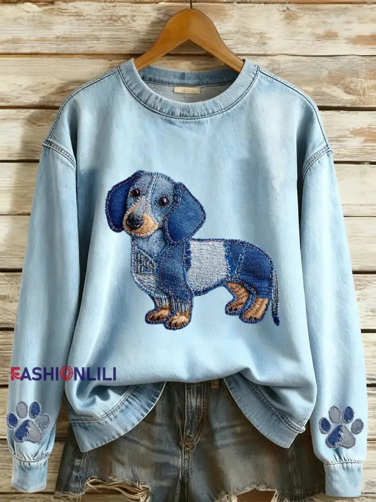 Women’s Denim Animal Print Round Neck Long Sleeved Sweatshirt Light Blue / S