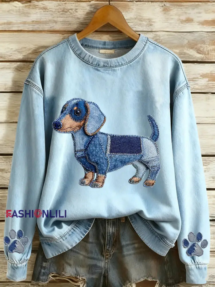 Women’s Denim Animal Print Round Neck Long Sleeved Sweatshirt Light Blue / S