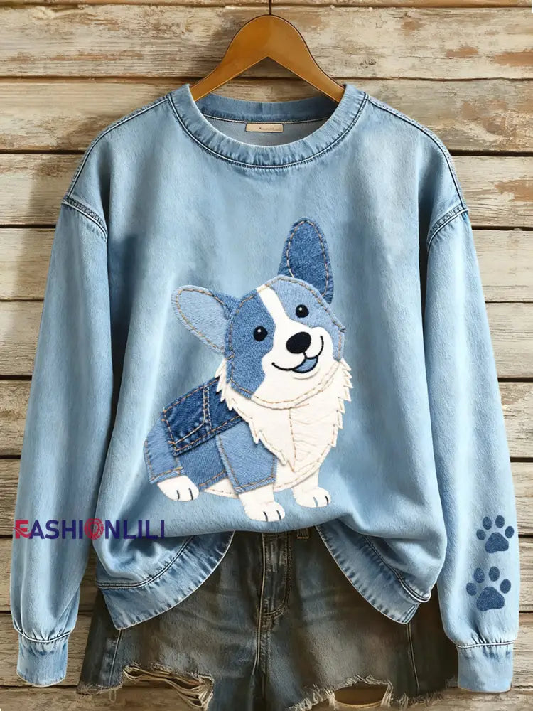Women’s Denim Patchwork Art Corgi Pattern Sweatshirt Blue / S
