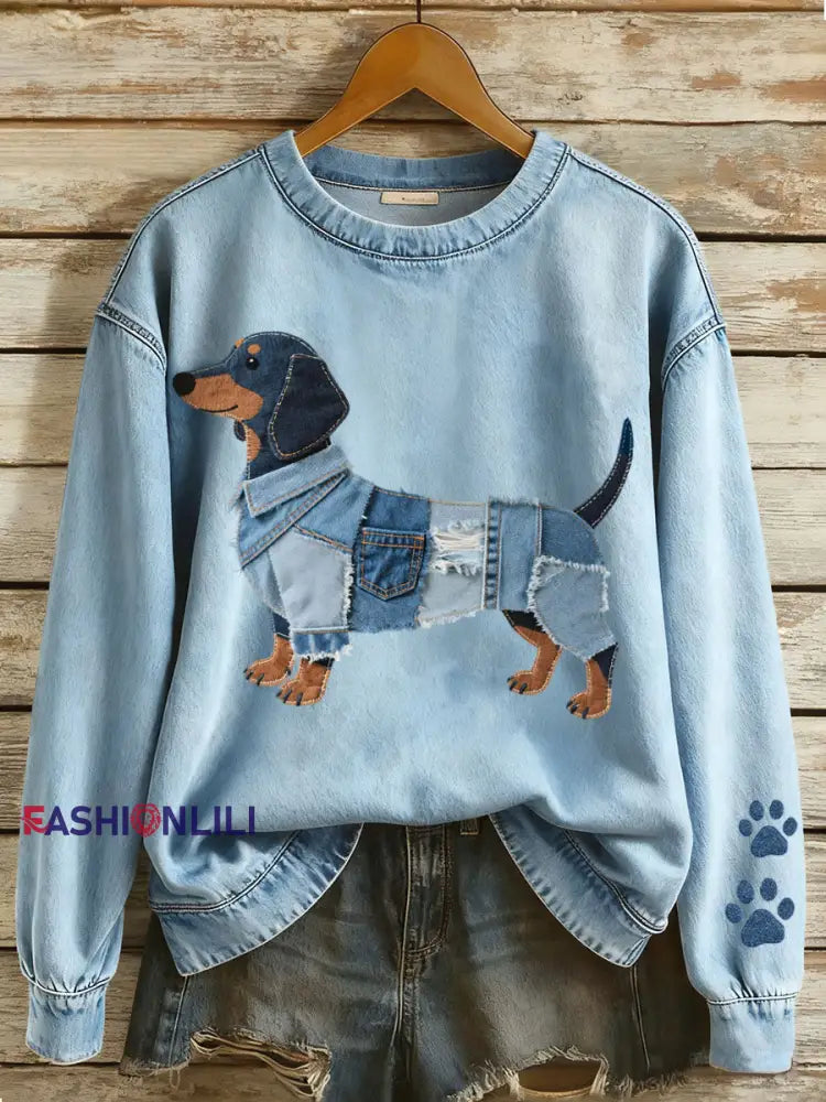 Women’s Denim Patchwork Art Dachshund Pattern Sweatshirt Blue / S