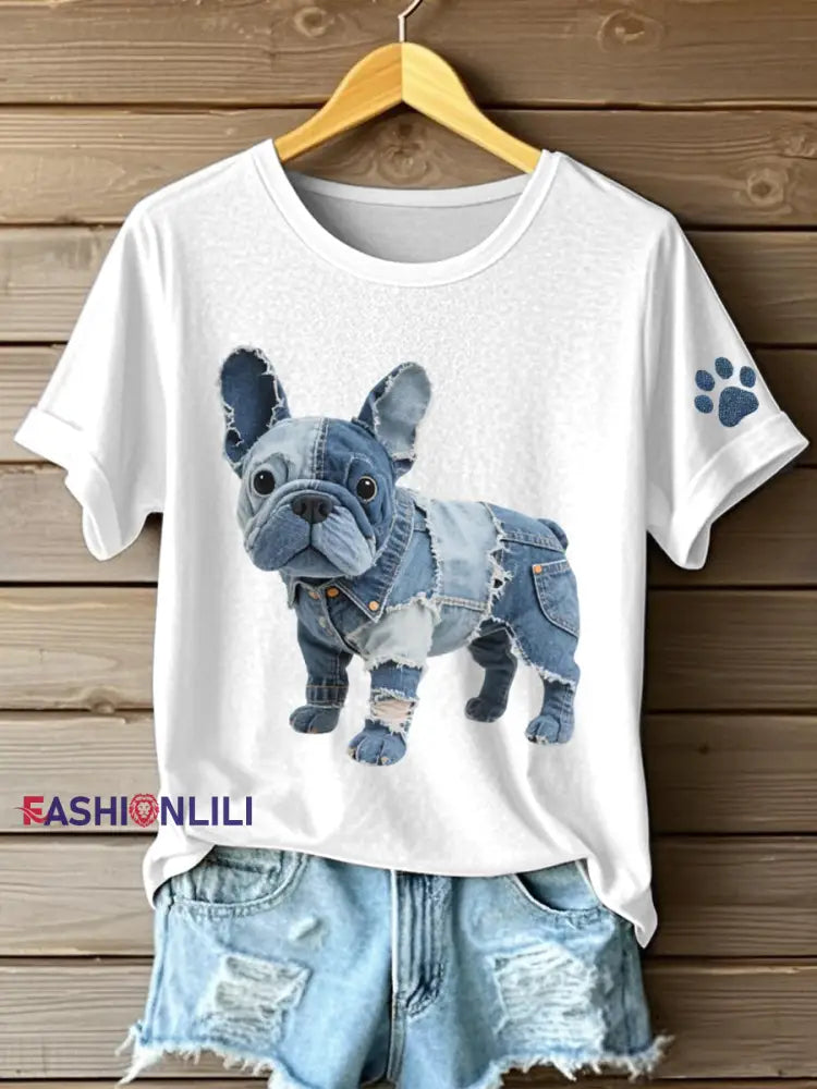Women’s Denim Patchwork Art French Bulldog Pattern T-Shirt White / S