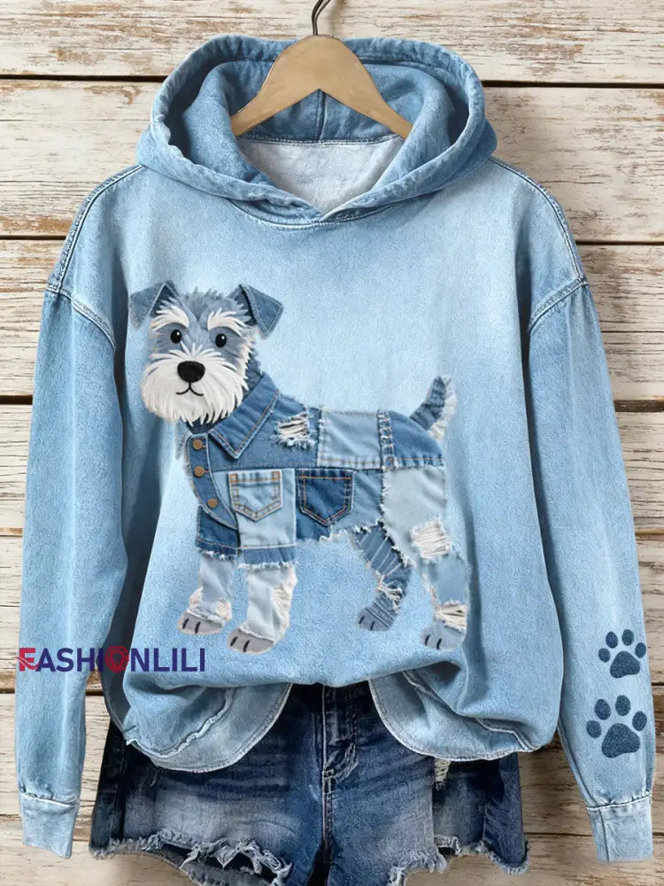 Women’s Denim Patchwork Art Schnauzer Dog Pattern Hoodie Blue / S