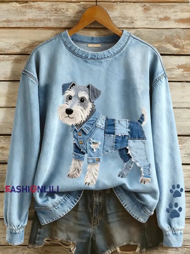 Women’s Denim Patchwork Art Schnauzer Dog Pattern Sweatshirt Blue / S
