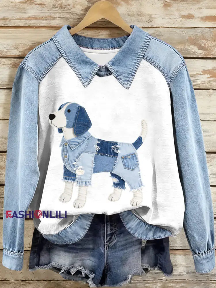 Women’s Denim Patchwork Beagle Dog Pattern Sweatshirt As picture / S