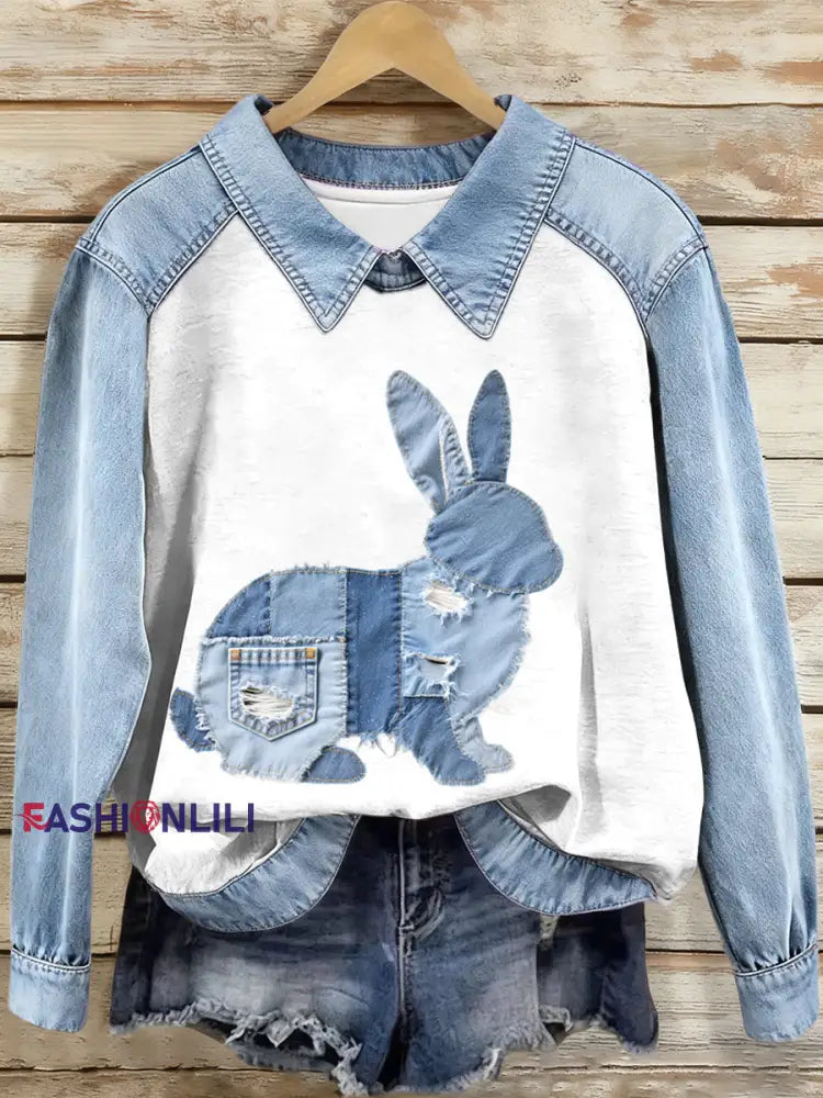 Women’s Denim Patchwork Bunny Pattern Sweatshirt As picture / S