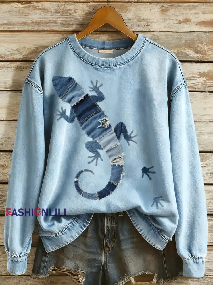 Women’s Denim Patchwork Lizard Pattern Sweatshirt Blue / S
