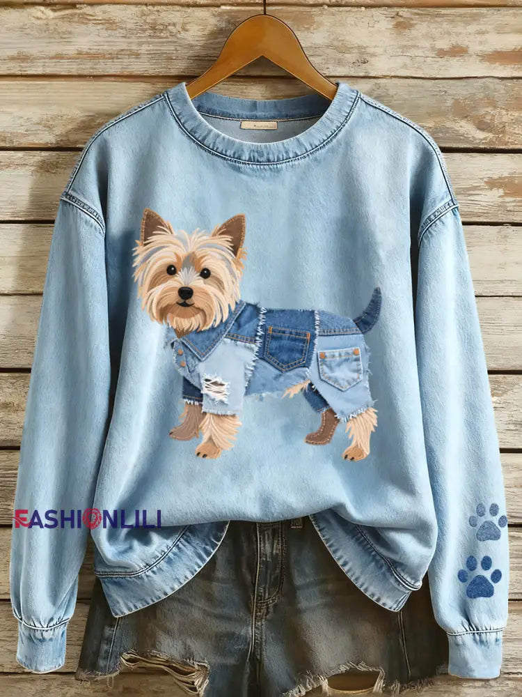 Women’s Denim Patchwork Yorkshire Terrier Dog Pattern Sweatshirt Blue / S