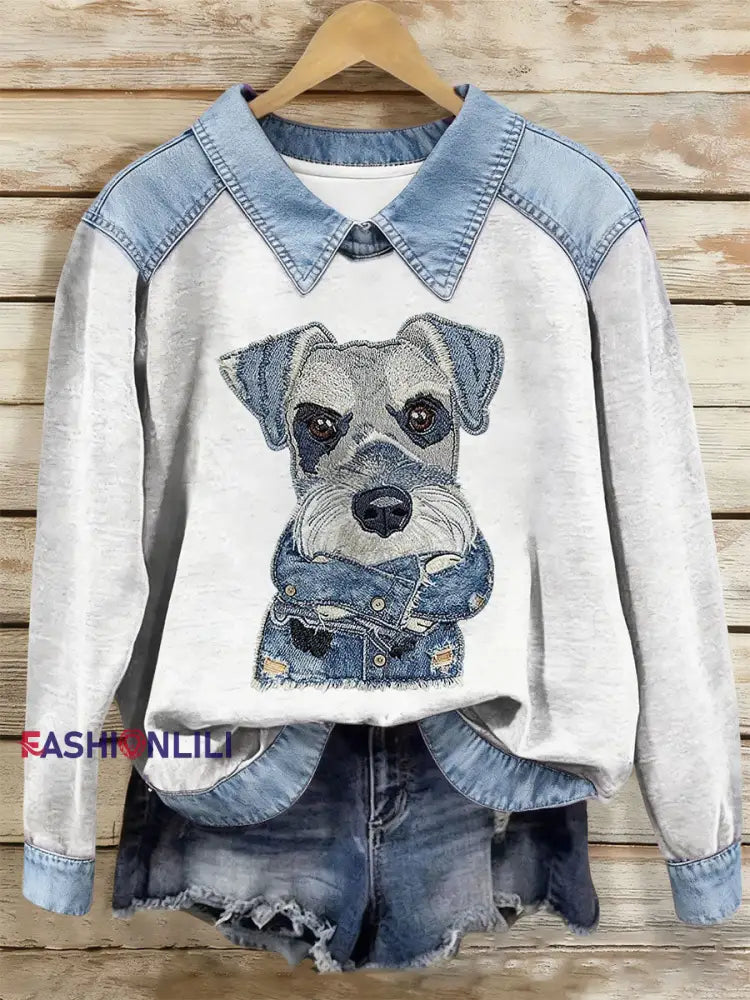 Women’s Dog Art Print Casual Top White / S