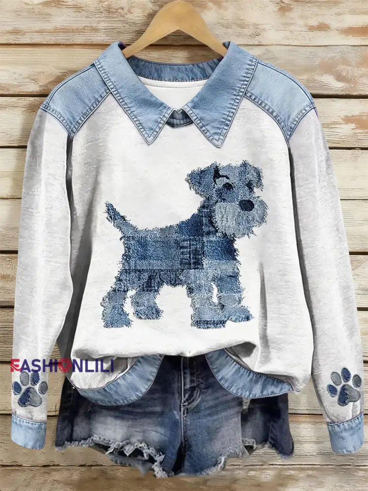 Women’s Dog Art Print Casual Top White / S