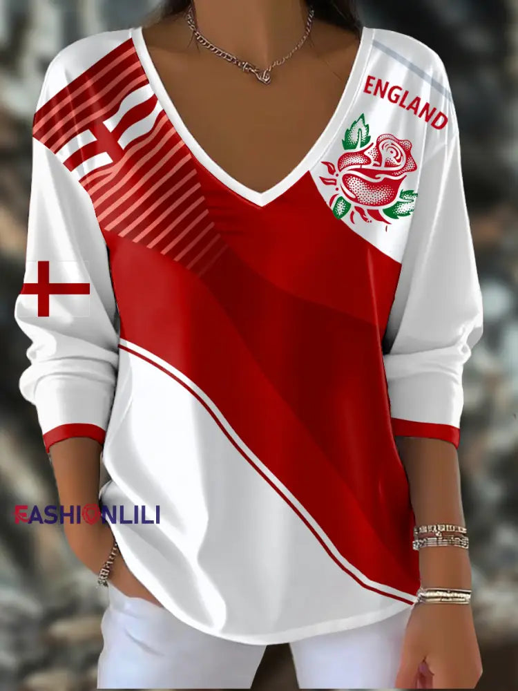 Women’s England Rugby Lover Printed V-Neck T-Shirt As picture / S