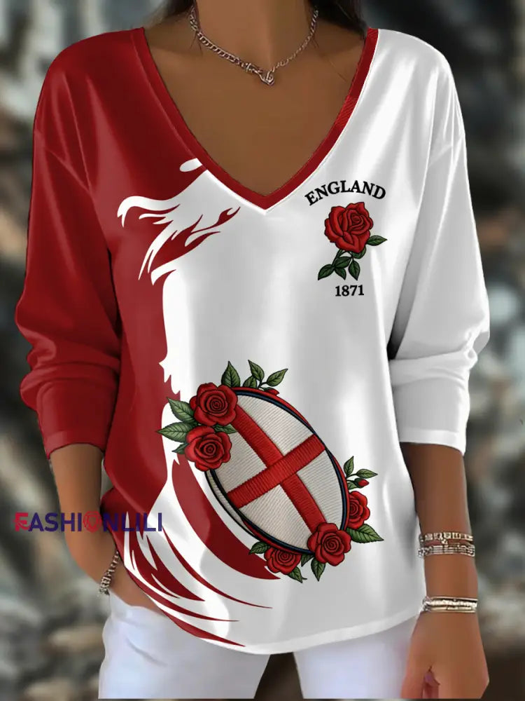 Women’s England Rugby Lover Printed V-Neck T-Shirt As picture / S