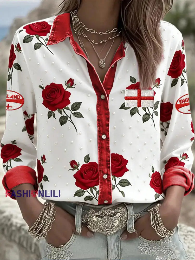 Women’s England Rugby Lover Roses Art Printed Shirt White / S