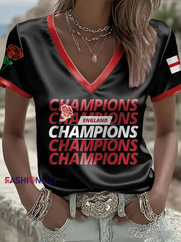 Women’s England Rugby Lover Roses Art Printed T-shirt Black / S