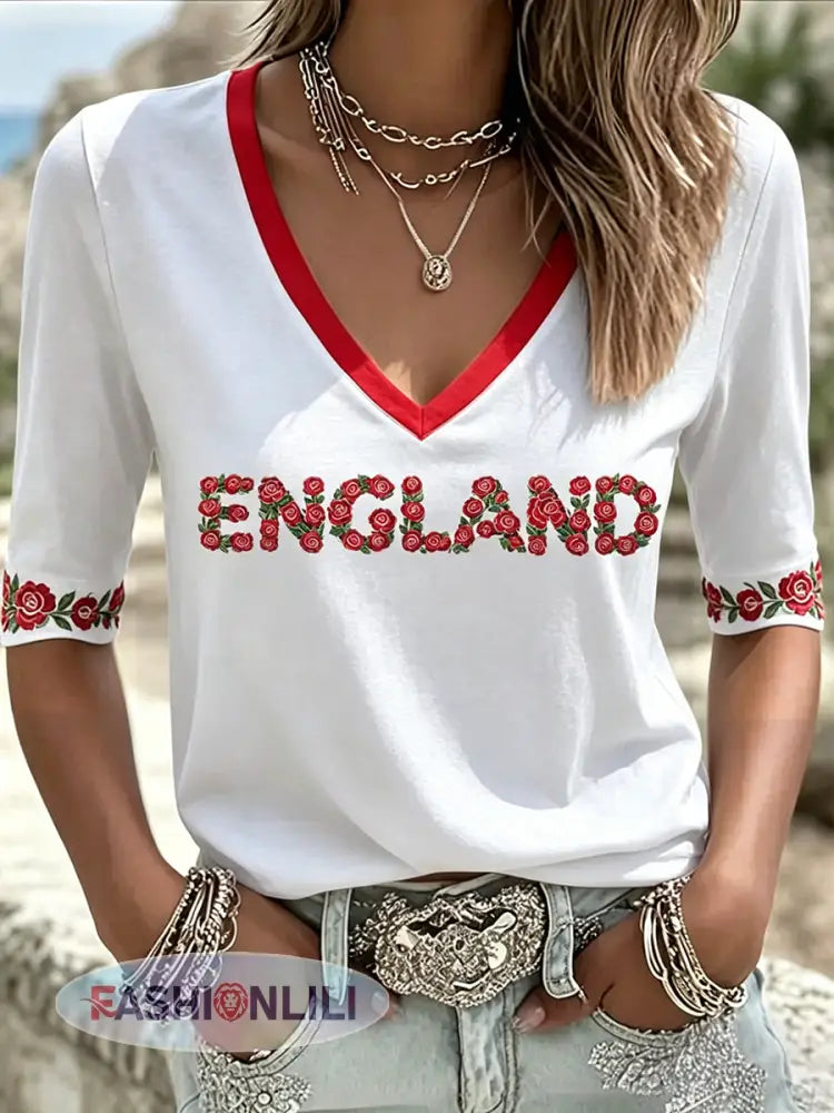Women’s England Rugby Lover Roses Art Printed T-Shirt - White / S