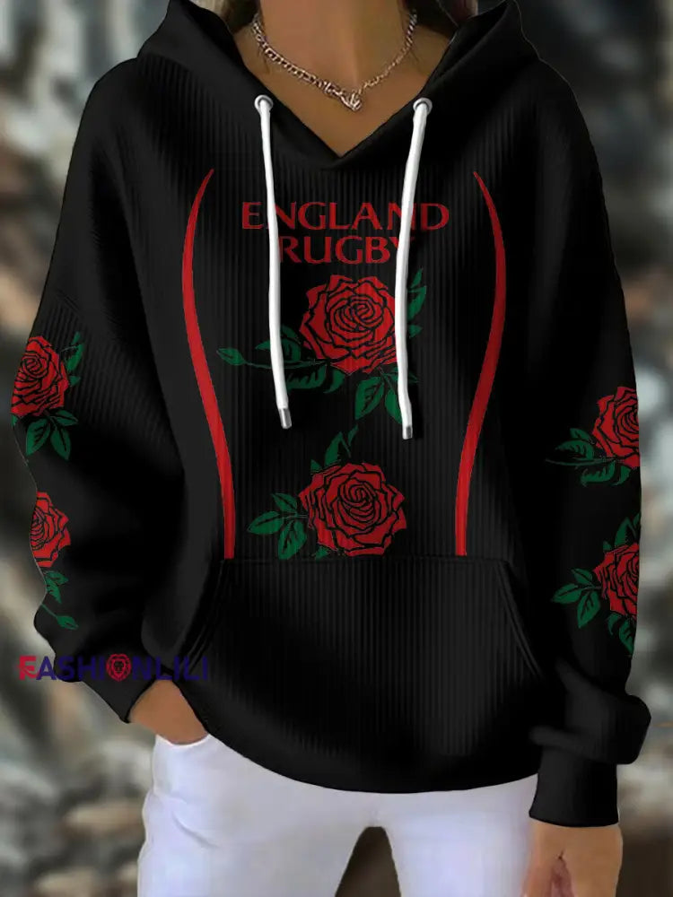 Women’s England Rugby Lover Roses Printed Hoodie Black / S