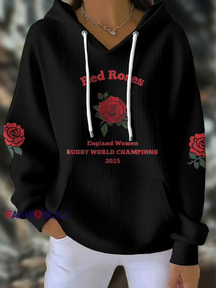 Women’s England Rugby Lover Roses Printed Hoodie Black / S