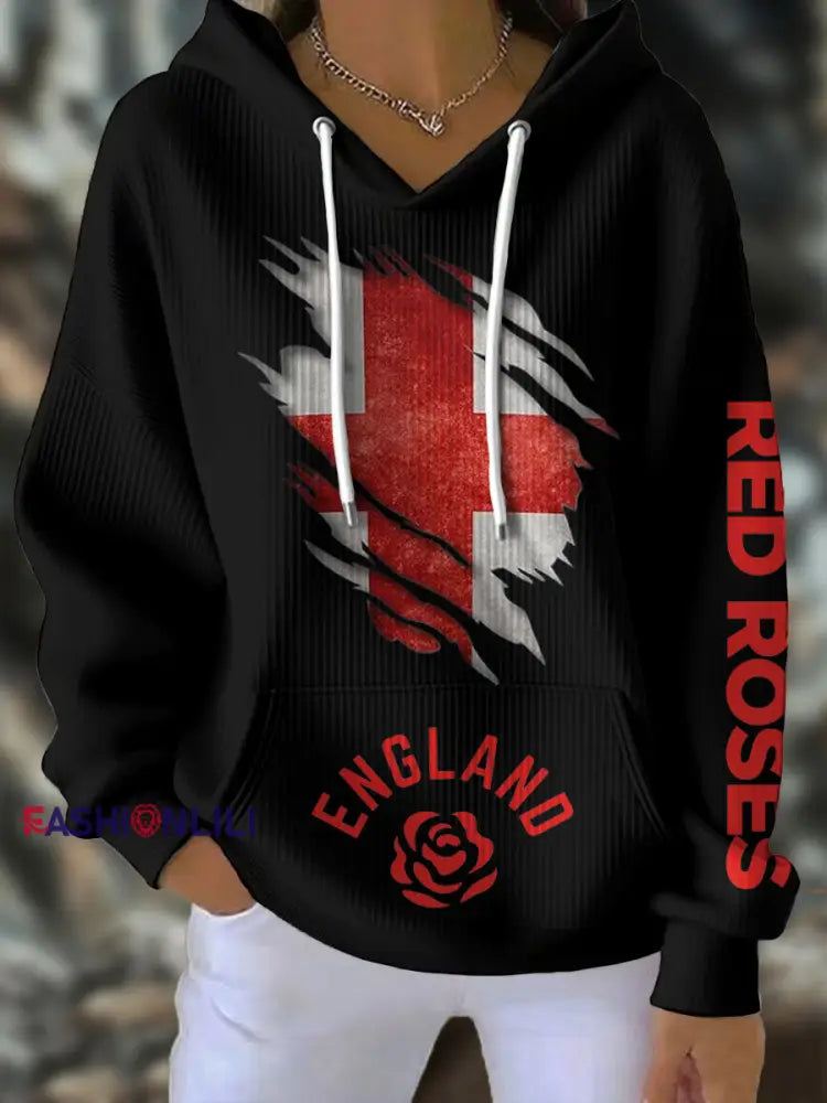 Women’s England Rugby Lover Roses Printed Hoodie Black / S