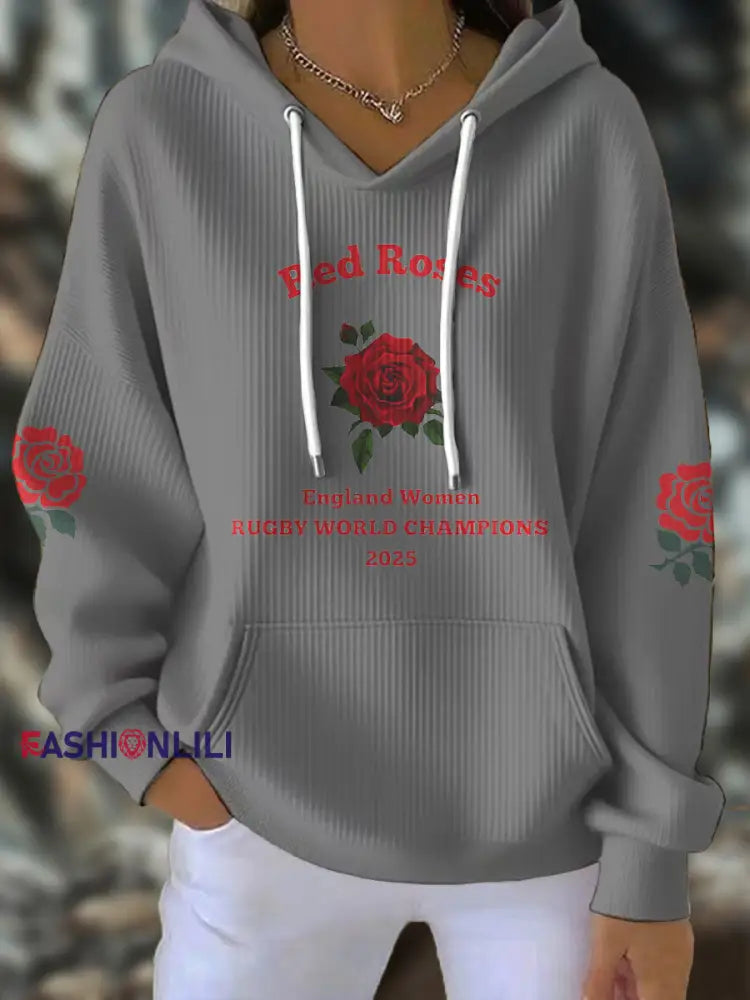 Women’s England Rugby Lover Roses Printed Hoodie Light Gray / S
