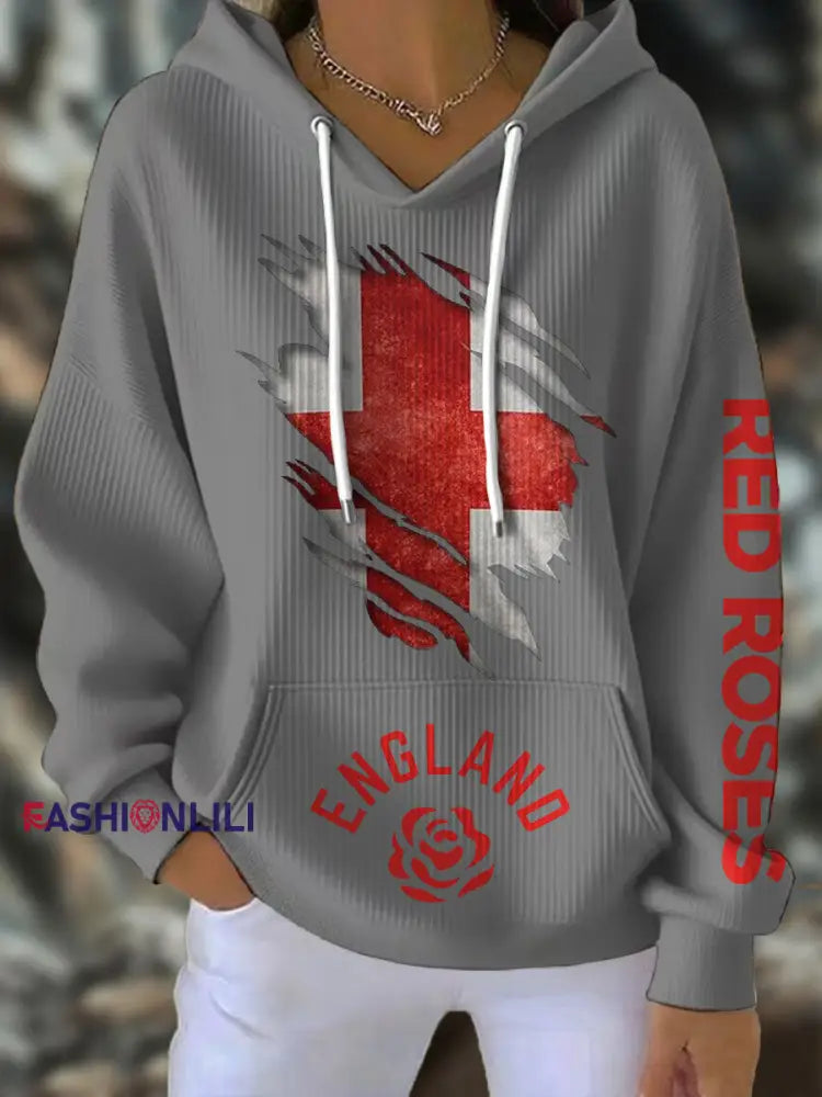 Women’s England Rugby Lover Roses Printed Hoodie Light Gray / S