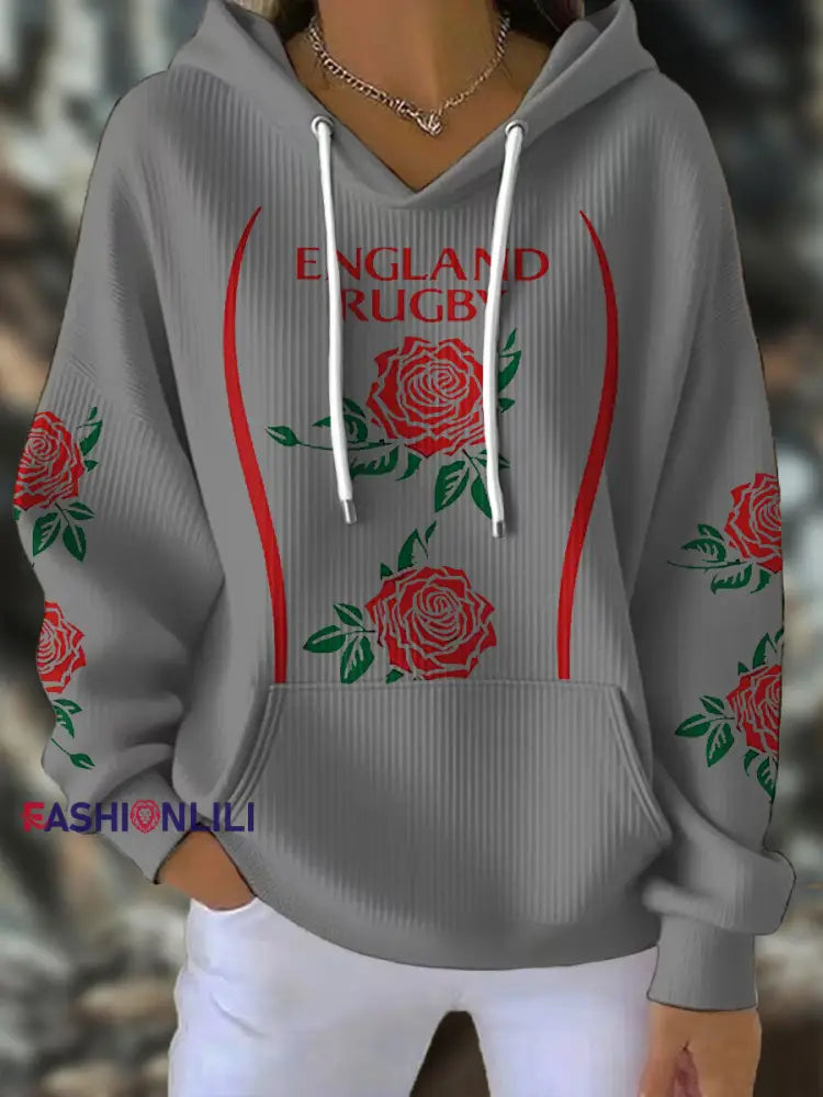 Women’s England Rugby Lover Roses Printed Hoodie Light Gray / S