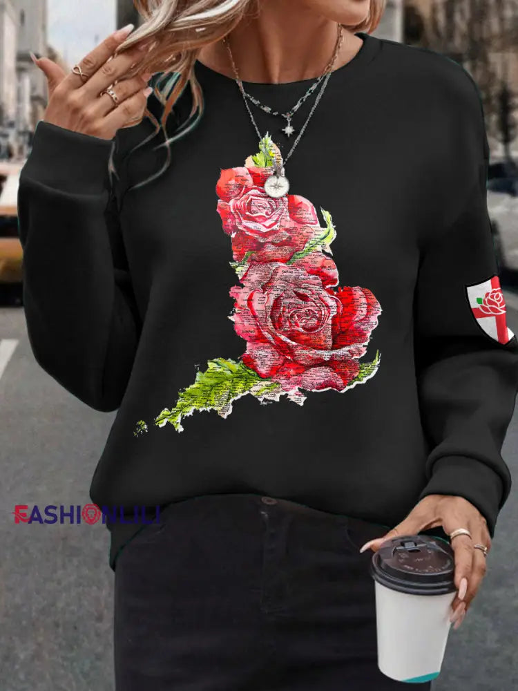 Women’s England Rugby Lover Roses Printed Sweatshirt Black / S