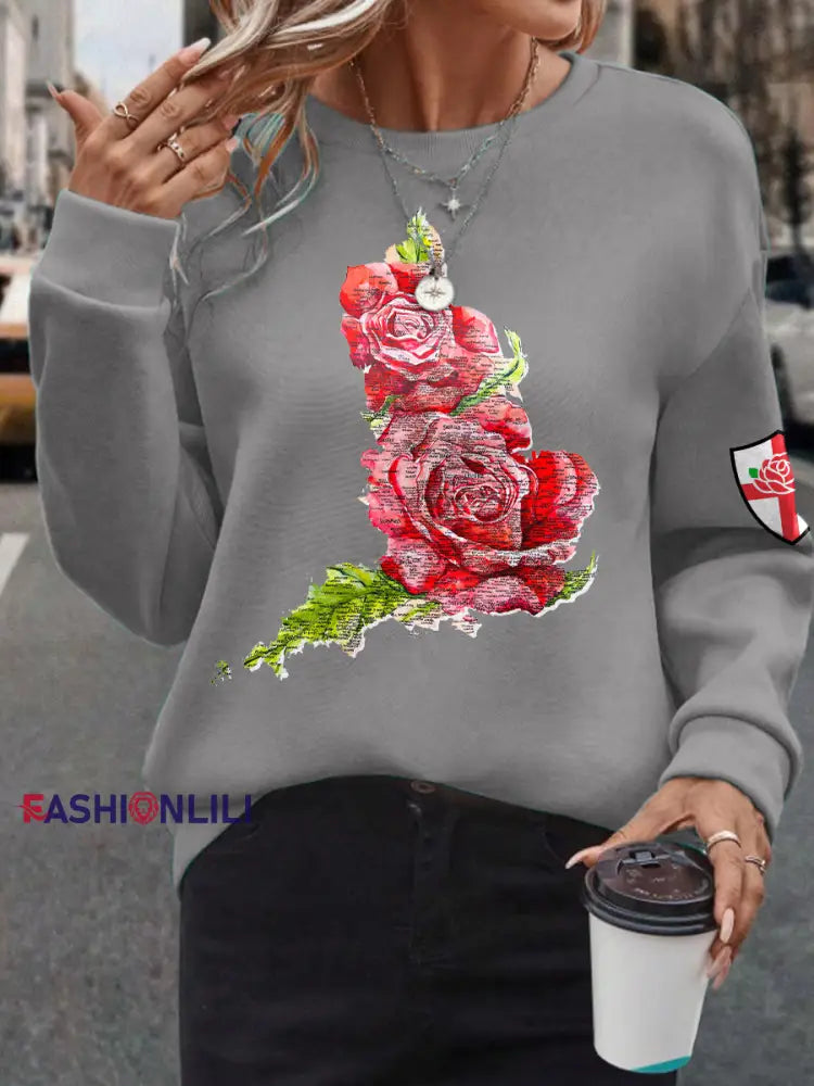 Women’s England Rugby Lover Roses Printed Sweatshirt Light Gray / S