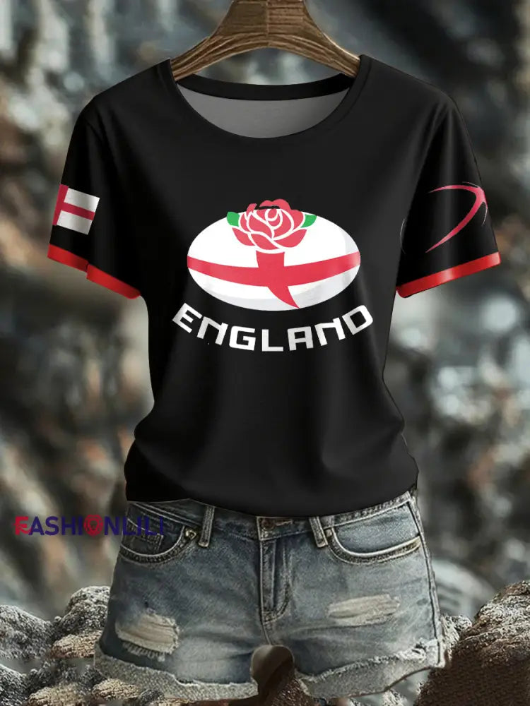 Women’s England Rugby Lover Roses Printed T-Shirt Black / S
