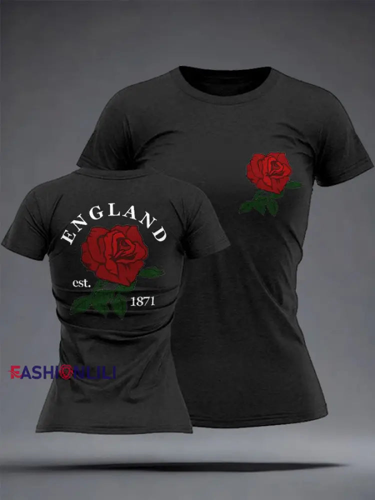 Women’s England Rugby Lover Roses Printed T-Shirt Black / S