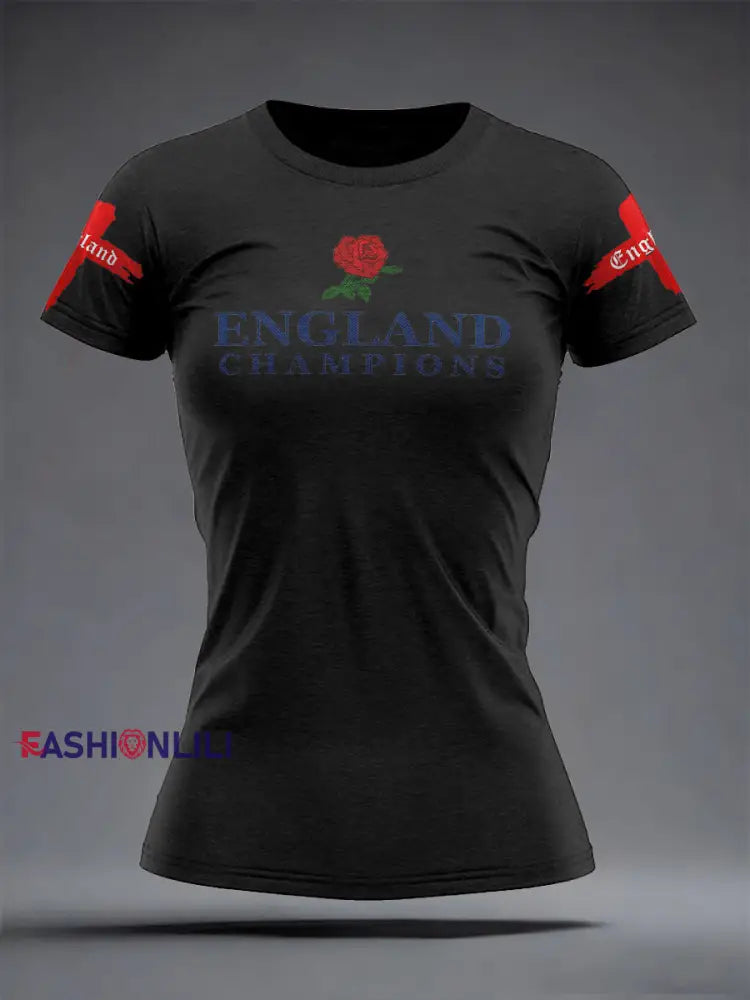 Women’s England Rugby Lover Roses Printed T-Shirt Black / S