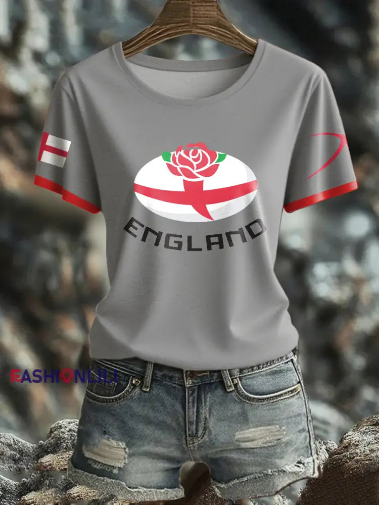 Women’s England Rugby Lover Roses Printed T-Shirt Light Gray / S