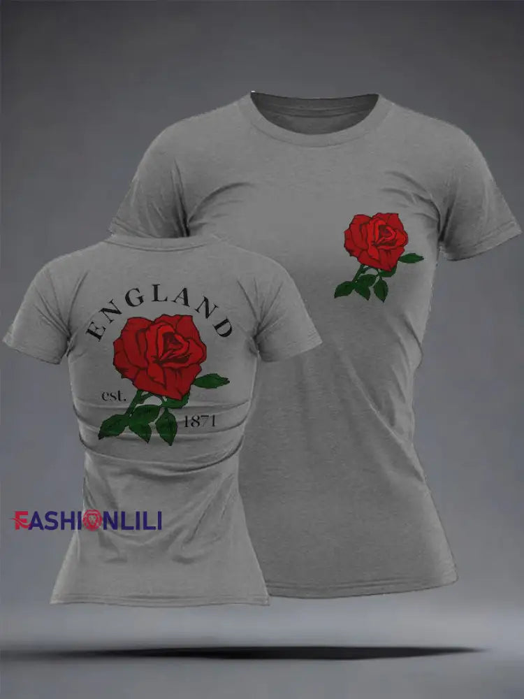 Women’s England Rugby Lover Roses Printed T-Shirt Light Gray / S