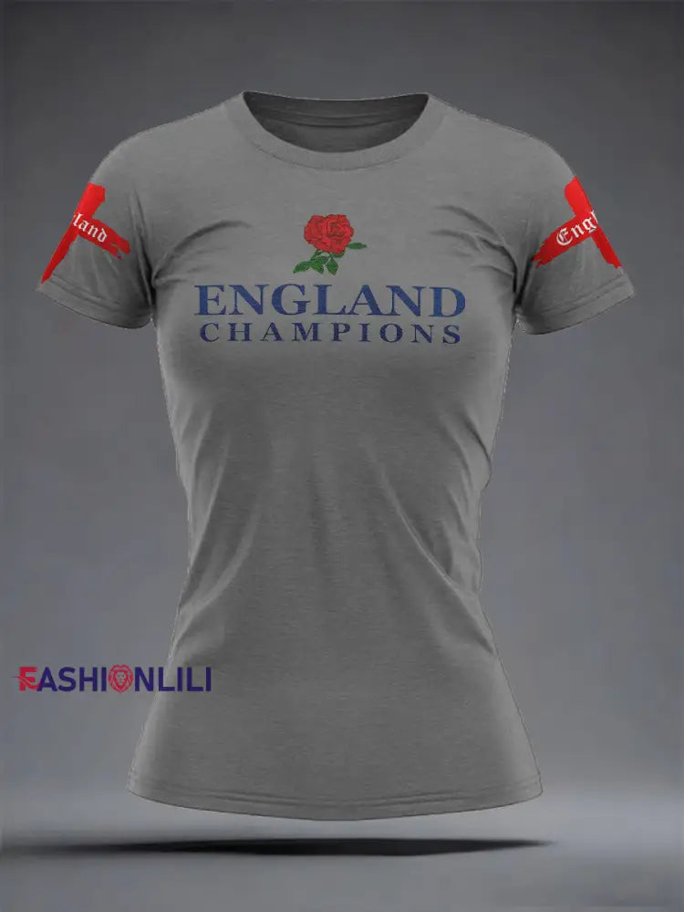 Women’s England Rugby Lover Roses Printed T-Shirt Light Gray / S