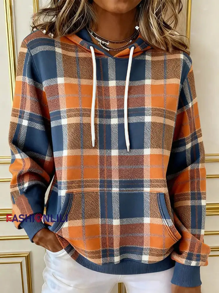 Women’s Fall Plaid Pattern Cozy Hoodie As picture / S