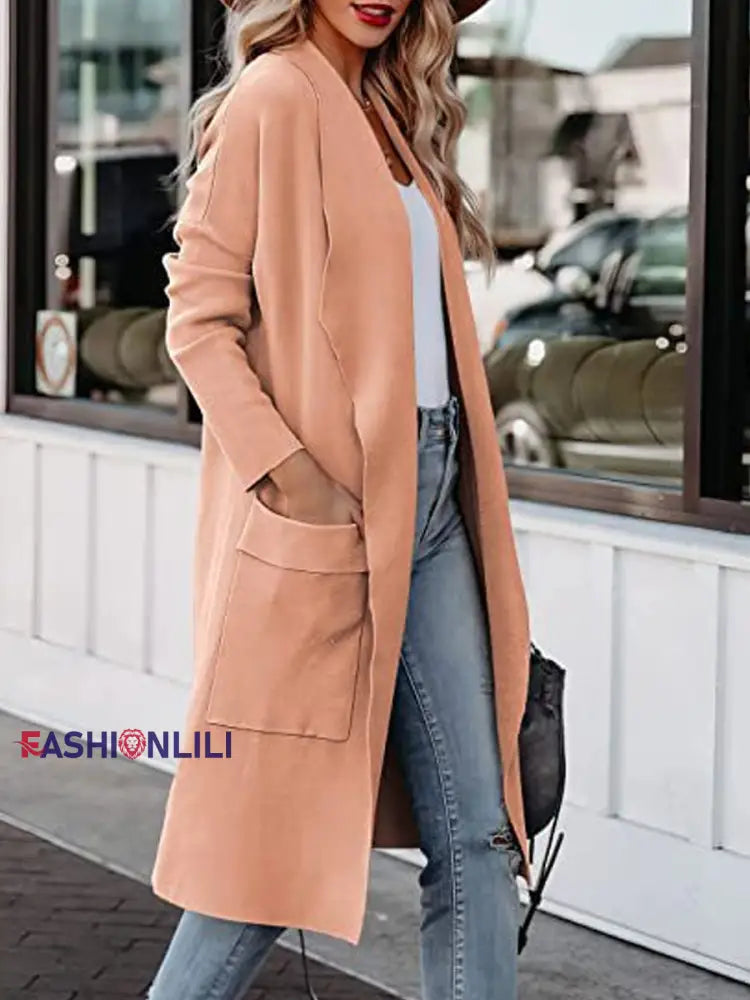 Women’s Fashionable Mid-Length Woolen Coat Pink / S