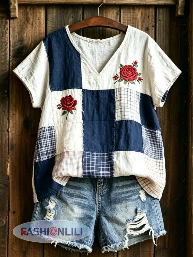 Women’s Floral Print linen short-sleeved T-shirt - Blue / S