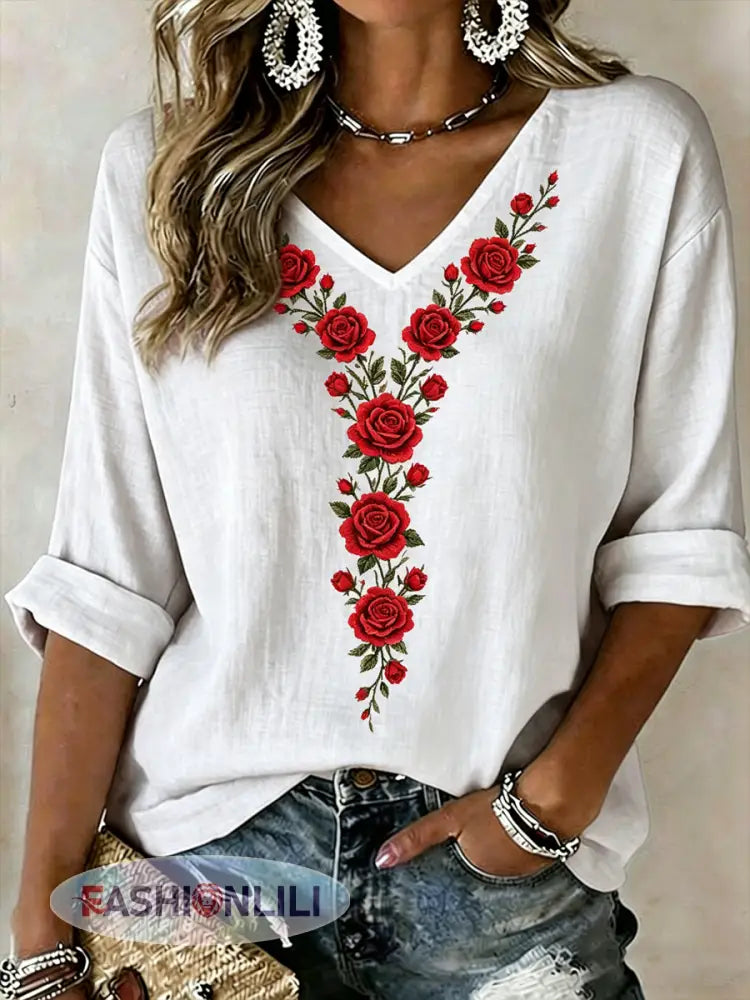 Women’s Floral Print Mid-length Sleeves V-Neck T-Shirt - Red / S