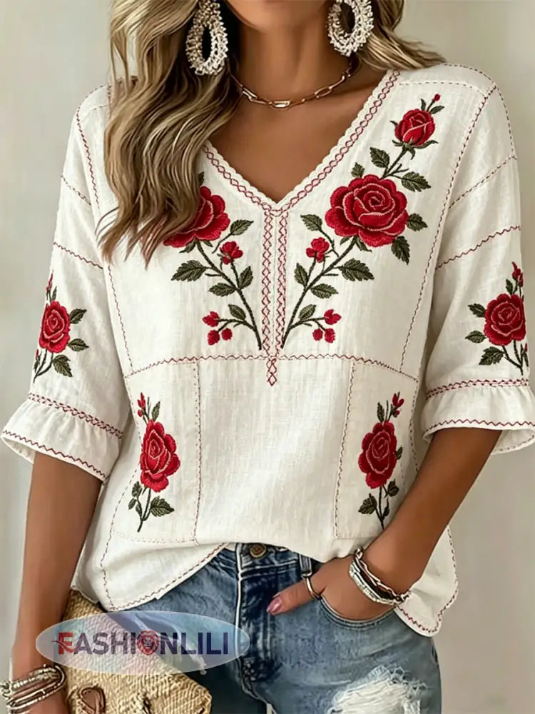 Women’s Floral Print V-Neck Shirt - B / S