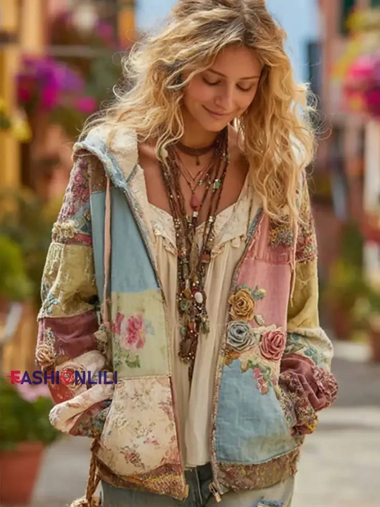 Women’s flowers Print Zip-Up Hoodie As picture / S